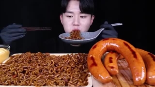 ASMR BLACK BEAN NOODLES & KIELBASA SAUSAGE eating sounds