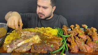 ASMR; EATING SPICY MUTTON LEGS CURRY+CHICKEN LEGS CURRY WITH MASALA RICE+GREEN CHILLI+EXTRA GRAVY